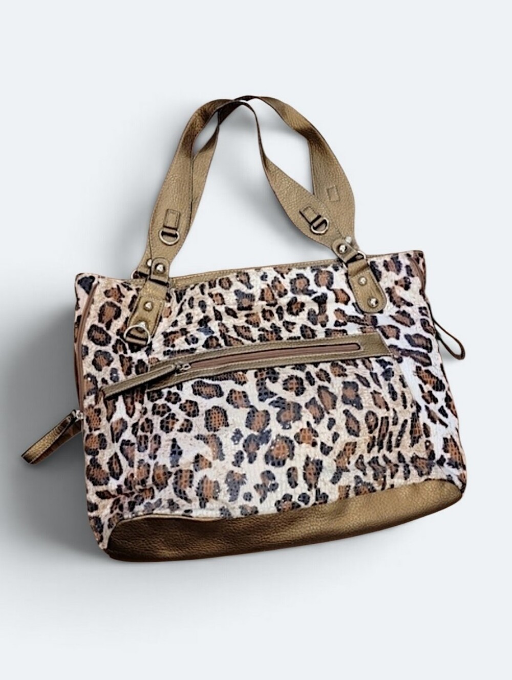 Naturalizer Leopard Print Large Shoulder Bag Tote Metallic Gold Trim Hardware